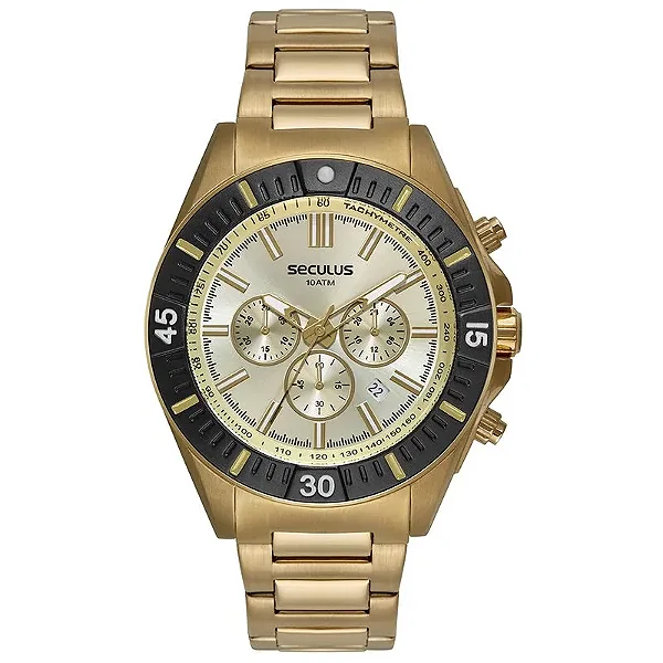 Relógio Seculus Masculino Cronógrafo Aço Dourado