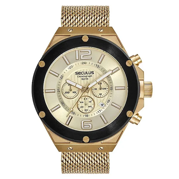 Relógio Masculino Cronógrafo Malha Aço Dourado
