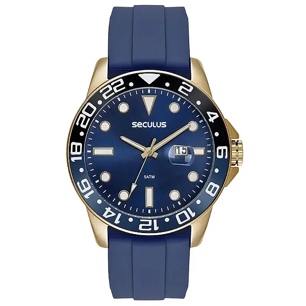 Relógio Seculus Masculino Silicone Dourado Lupa P/ Calendário