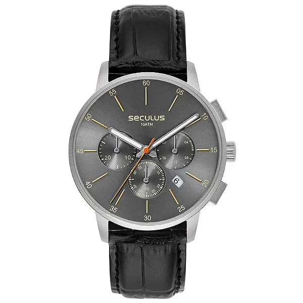 Relógio Seculus Masculino Cronógrafo Couro Preto