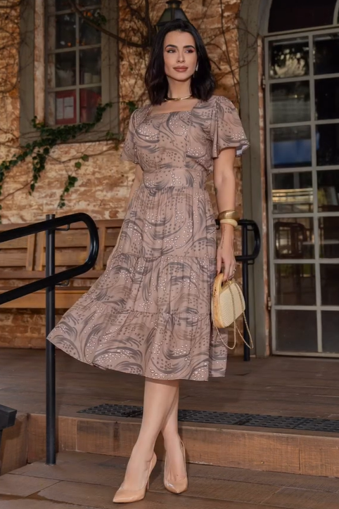 Vestido Palms Midi com Decote Quadrado