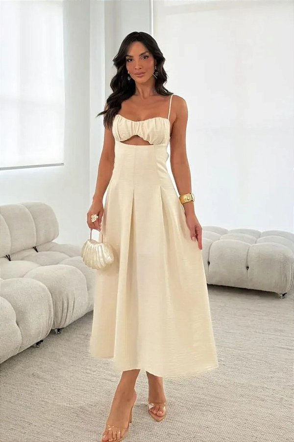Vestido Midi com Decote Franzido