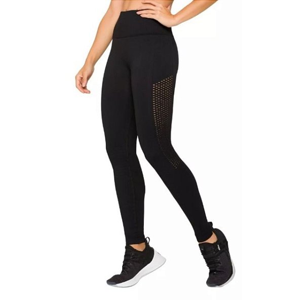 Calça Legging Preta Sem Costura Furinhos Poliamida Cós Alto