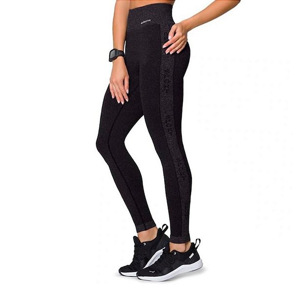 Legging Sem Costura Preto Mescla Poliamida Cós Alto Canelado Selene Fitness Academia