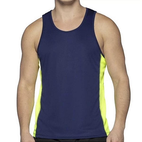 Camiseta Regata DryFit Fitness Masculina Marinho Faixa Lateral