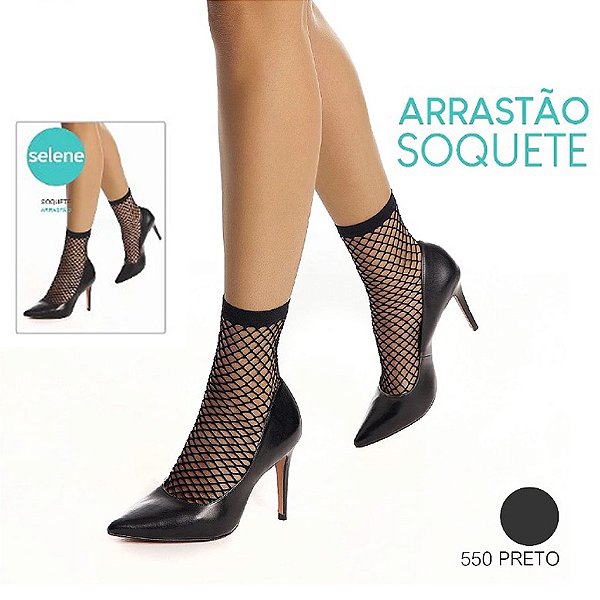 Meia Soquete Arrastão SELENE Preto Telada com Punho Cano Médio