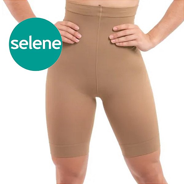 Shorts Modelador Selene com Silicone no Cós Elastano Cinta Alta Redutora Pó de Arroz Bege Modela Comprime Barriga