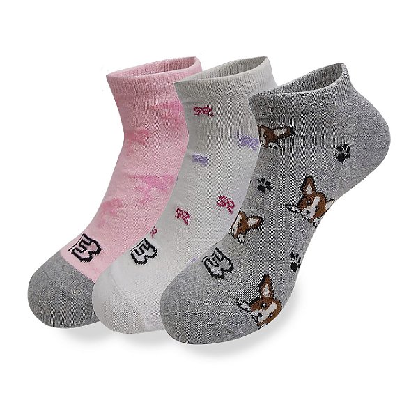 Kit 3 Meias Feminina Curta 33 ao 38 FB Estampada Fofas Meia Cano Curto Baixa