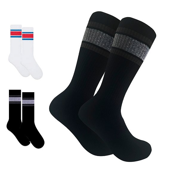 Meia Street Cano Longo Masculina Esportiva 39 ao 43 Preta Branca Listras
