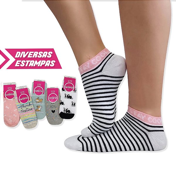 Kit 3 Meia Feminina Divertida Algodão SELENE 34-39 Cano Curto Baixa Bichinhos Meias Coloridas Fofas