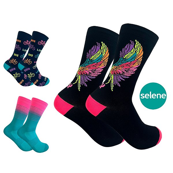 Meia Poliamida Esportiva Cano Médio Feminina Bike Corrida Ciclismo Treino Academia 34 ao 39 Colorida Selene