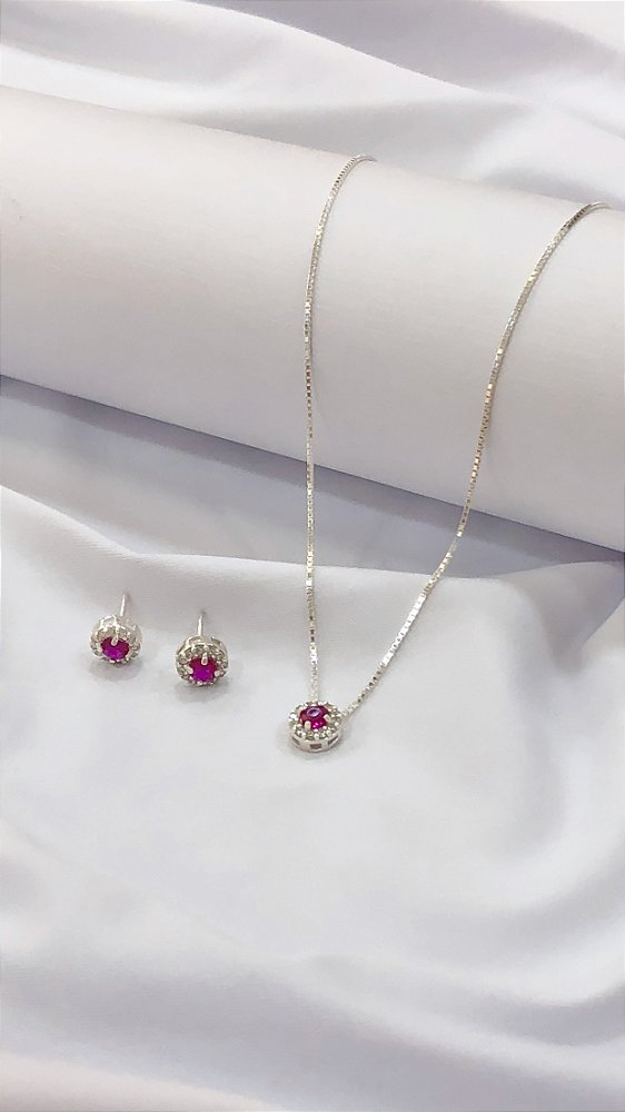 CONJUNTO DE PRATA 925-ROSA ESCURO