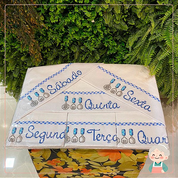 Pano de Prato Semaninha Ponto Cruz Talheres Azul - 7 Peças