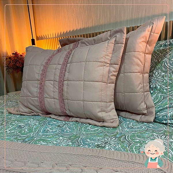 02 Porta Travesseiros Matelado Rosa Dupla Renda Central com Ziper