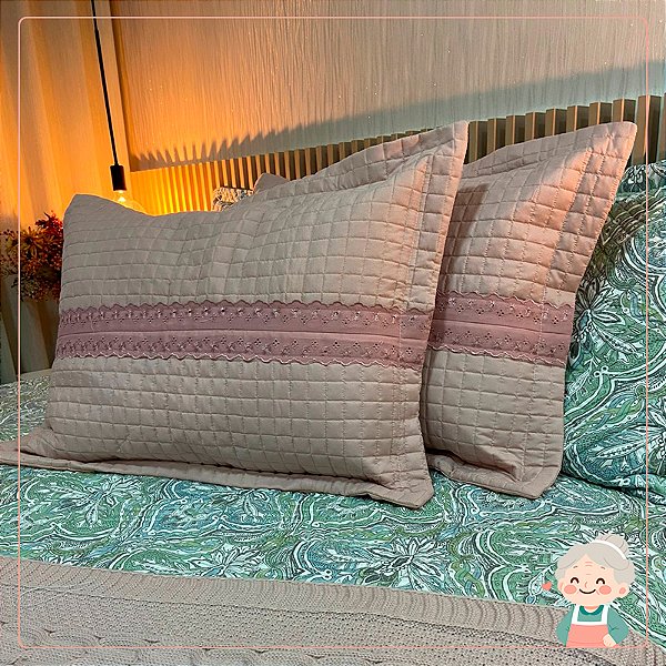02 Porta Travesseiros Matelado Rosa Renda Central com Ziper