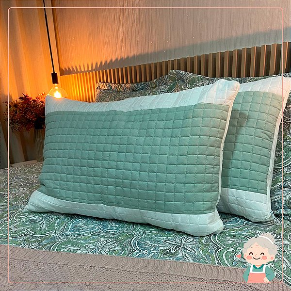 02 Porta Travesseiros Matelado Verde / Branco com Ziper