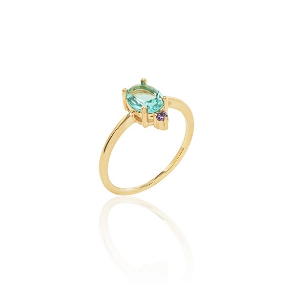 Anel Felicidade Solitário de Cristal Paraíba e Zircônia Roxa