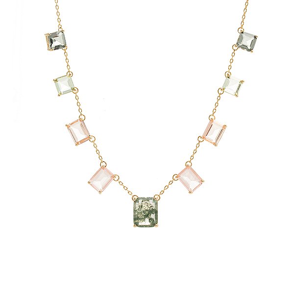 Colar com Cristal Rutilado Quartzo Verde, Cristal Rutilado Morganita e Cristal Berilo em Formas