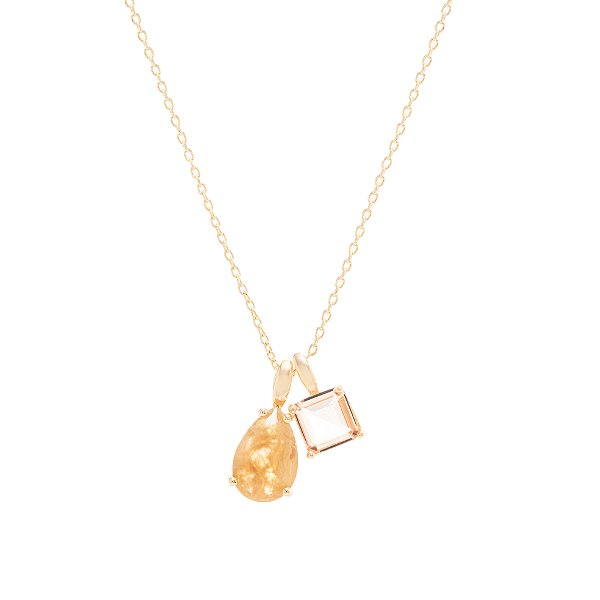 Colar com Cristal Rutilado e Cristal Rodolita em Formato de Gota e Quadrado