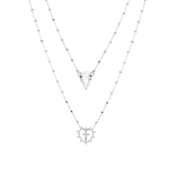 Colar Escapulário com Coração, Cruz e Gota de Cristal de Zircônia Branca