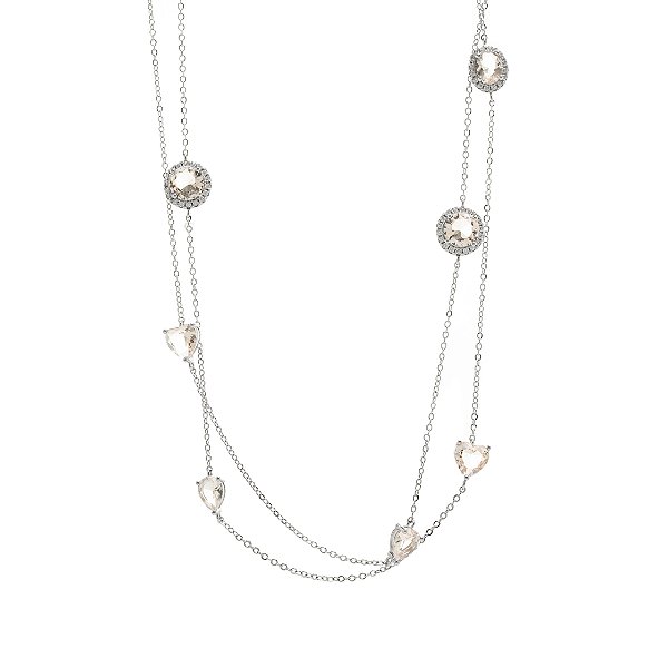 Colar Longo Formas Cristal Quartzo Rosa e Zircônia Branca