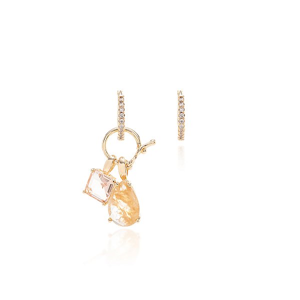 Brinco com Cristal Rutilado, Cristal Rodolita e Zircônia Branca em Formato de Gota e Quadrado