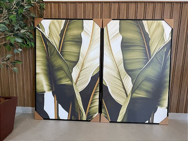 Dupla de Quadros Decorativo Folhas; Medida 80x120cm; Moldura Madeira Preta