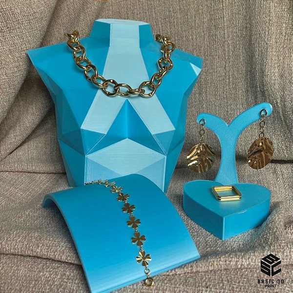 Kit expositor de joias com 4pçs Azul Claro cor macaron Semijoias Bijuterias Pratas Mostruário Impresso em 3D