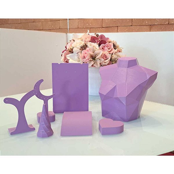 Kit expositor de joias com 7pçs Lilas Semijoias Bijuterias Pratas Mostruário Impresso em 3D