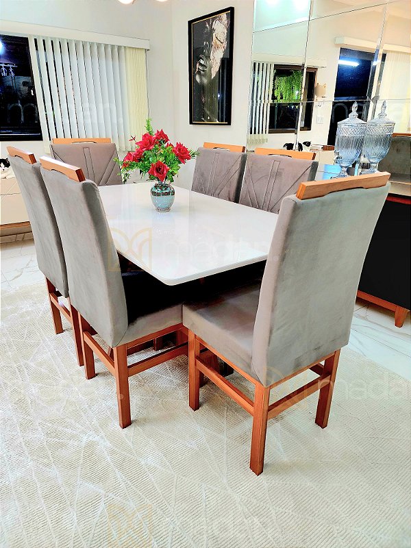 CONJUNTO DE JANTAR MARK 160X090 OFF WHITE - 6 CADEIRAS CANELA CINZA MODELO 18