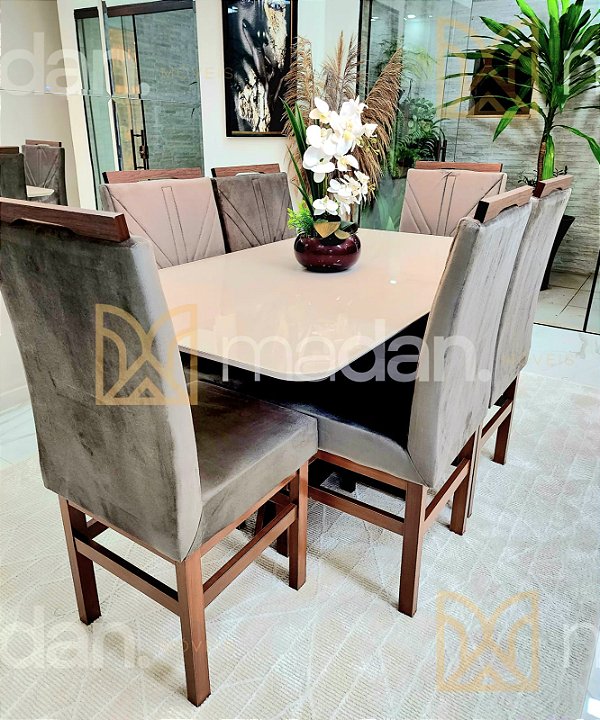 CONJUNTO DE JANTAR MARK 160X090 OFF WHITE - 6 CADEIRAS TABACO CINZA MODELO 18