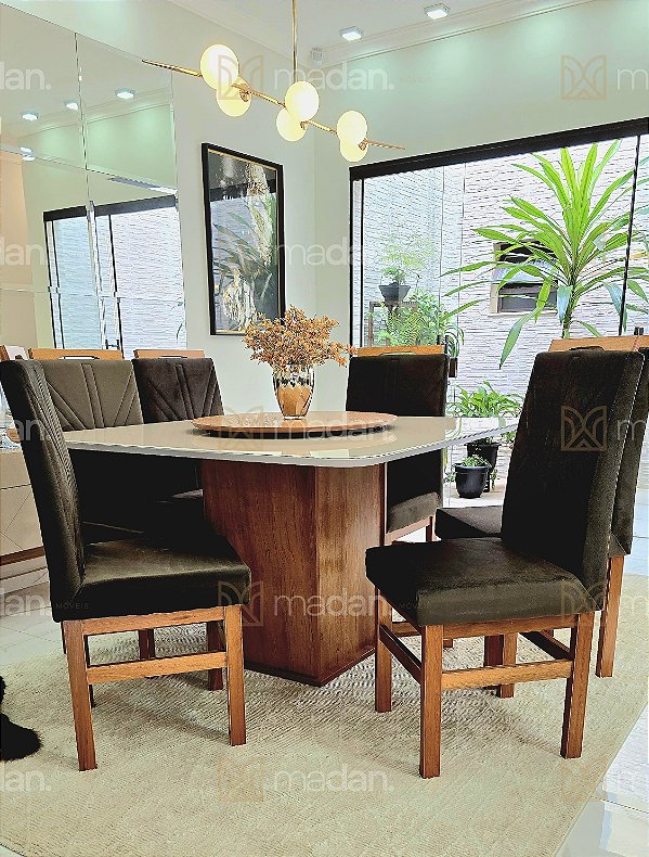 CONJUNTO DE JANTAR MARK 130X130 OFF WHITE - 6 CADEIRAS CANELA MARROM MODELO 18