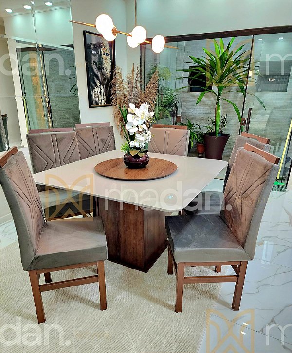 CONJUNTO DE JANTAR MARK 130X130 OFF WHITE - 6 CADEIRAS TABACO CINZA MODELO 18