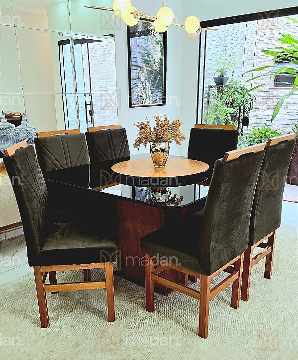 CONJUNTO DE JANTAR MARK 130X130 BLACK - 6 CADEIRAS CANELA MARROM MODELO 18