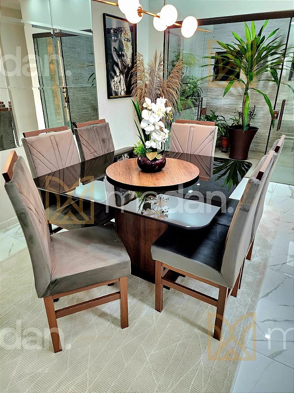CONJUNTO DE JANTAR MARK 130X130 BLACK - 6 CADEIRAS TABACO CINZA MODELO 18