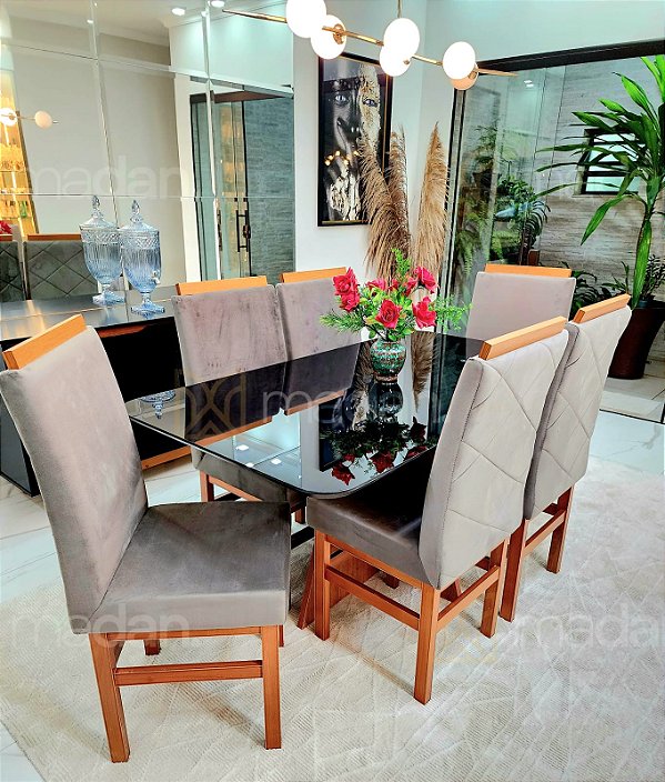 CONJUNTO DE JANTAR MARK 160X090 BLACK - 6 CADEIRAS CANELA CINZA MODELO 19