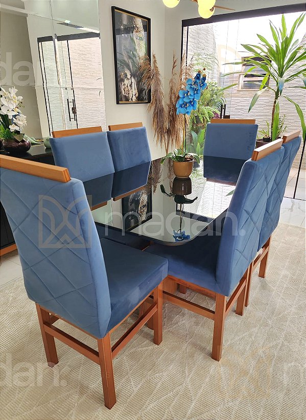 CONJUNTO DE JANTAR MARK 160X090 BLACK - 6 CADEIRAS CANELA AZUL ROYAL MODELO 19