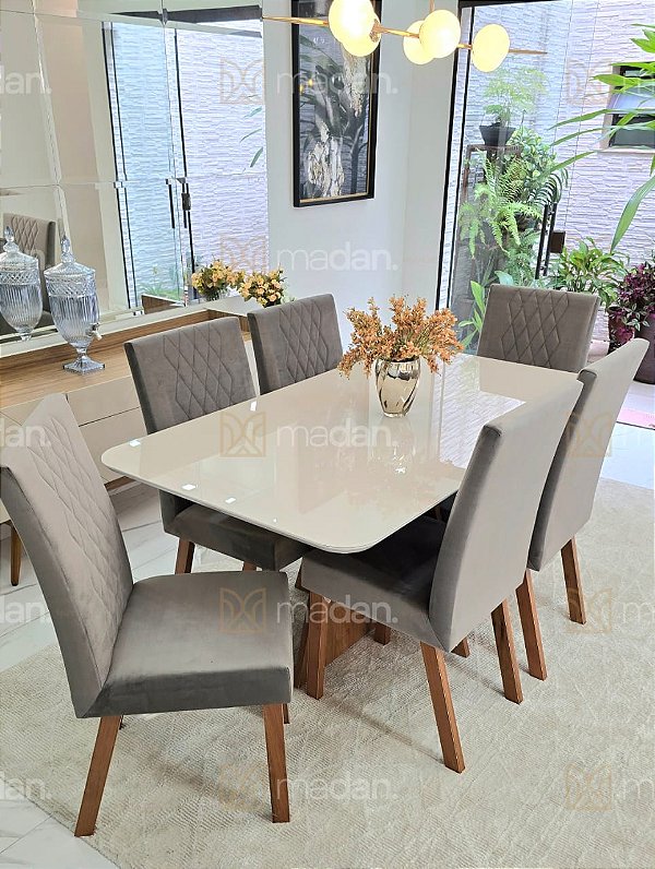 CONJUNTO DE JANTAR MARK 160X090 OFF WHITE - 6 CADEIRAS CANELA CINZA MODELO 25