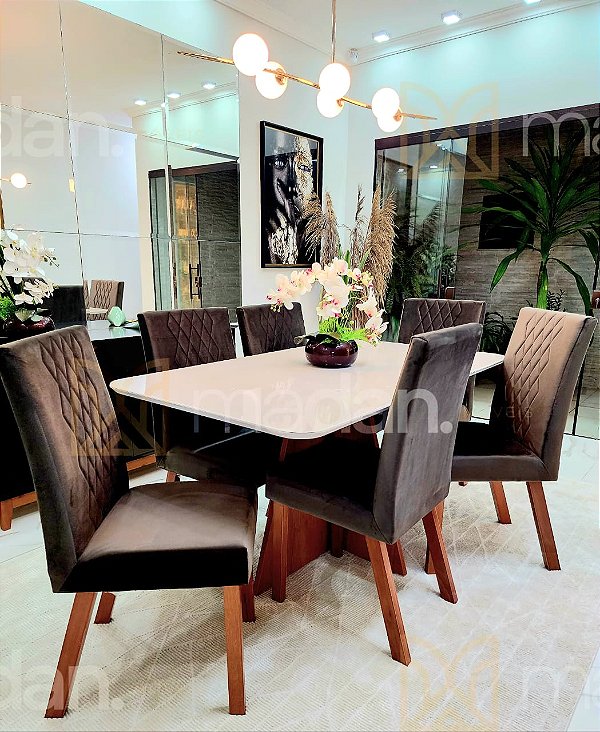 CONJUNTO DE JANTAR MARK 160X090 OFF WHITE - 6 CADEIRAS CANELA MARROM MODELO 25