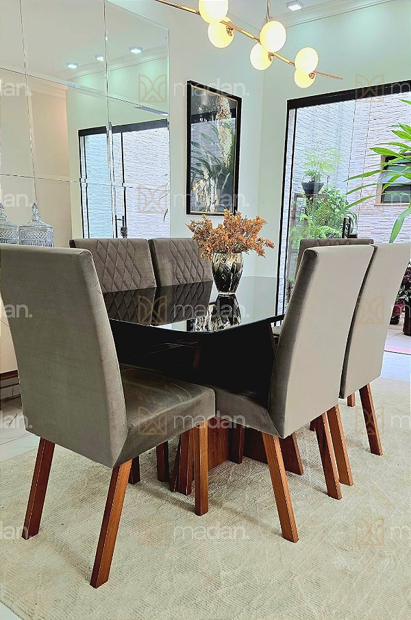 CONJUNTO DE JANTAR MARK 160X090 BLACK - 6 CADEIRAS CANELA CINZA MODELO 25