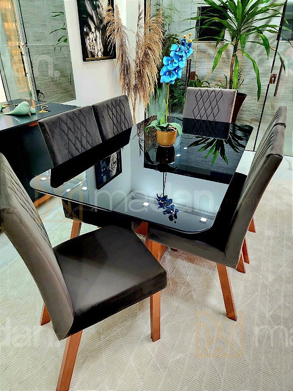 CONJUNTO DE JANTAR MARK 160X090 BLACK - 6 CADEIRAS CANELA MARROM MODELO 25