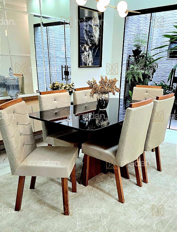 CONJUNTO DE JANTAR SIGMA 160X090 + 6 CADEIRAS CREME MODELO 27