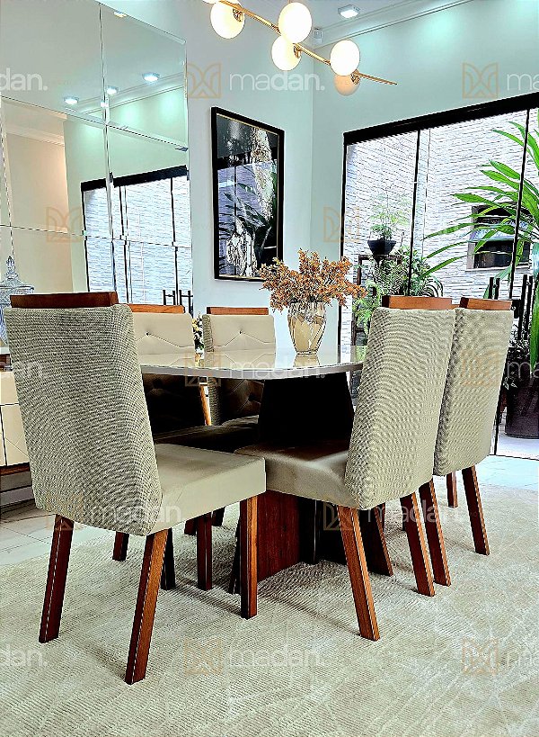 CONJUNTO DE JANTAR SIGMA 160X090 OFF WHITE - 6 CADEIRAS CANELA CREME MODELO 27