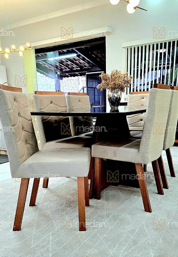 CONJUNTO DE JANTAR SIGMA 160X090 BLACK - 6 CADEIRAS CANELA CREME MODELO 27