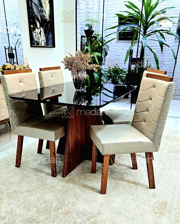CONJUNTO DE JANTAR SIGMA 120X090 BLACK - 4 CADEIRAS CANELA CREME MODELO 27
