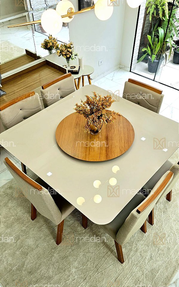 CONJUNTO DE JANTAR SIGMA 130X130 OFF WHITE - 6 CADEIRAS CANELA CREME MODELO 27