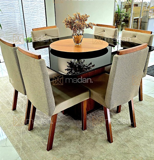 CONJUNTO DE JANTAR SIGMA 130X130 BLACK - 6 CADEIRAS CANELA CREME MODELO 27