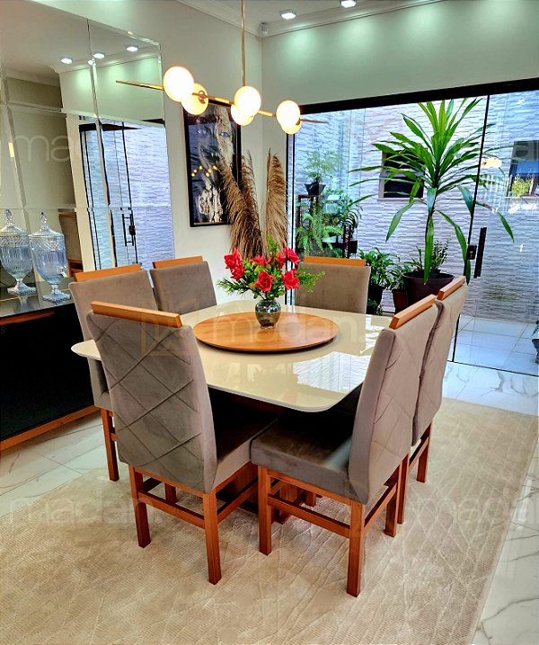 CONJUNTO DE JANTAR MARK 130X130 OFF WHITE - 6 CADEIRAS CANELA CINZA MODELO 19