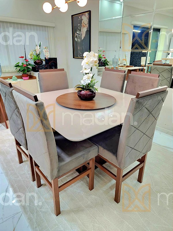 CONJUNTO DE JANTAR MARK 130X130 OFF WHITE - 6 CADEIRAS TABACO CINZA MODELO 19