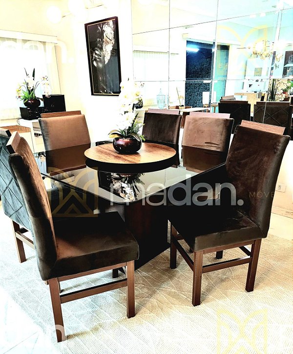 CONJUNTO DE JANTAR MARK 130X130 BLACK - 6 CADEIRAS TABACO MARROM MODELO 19